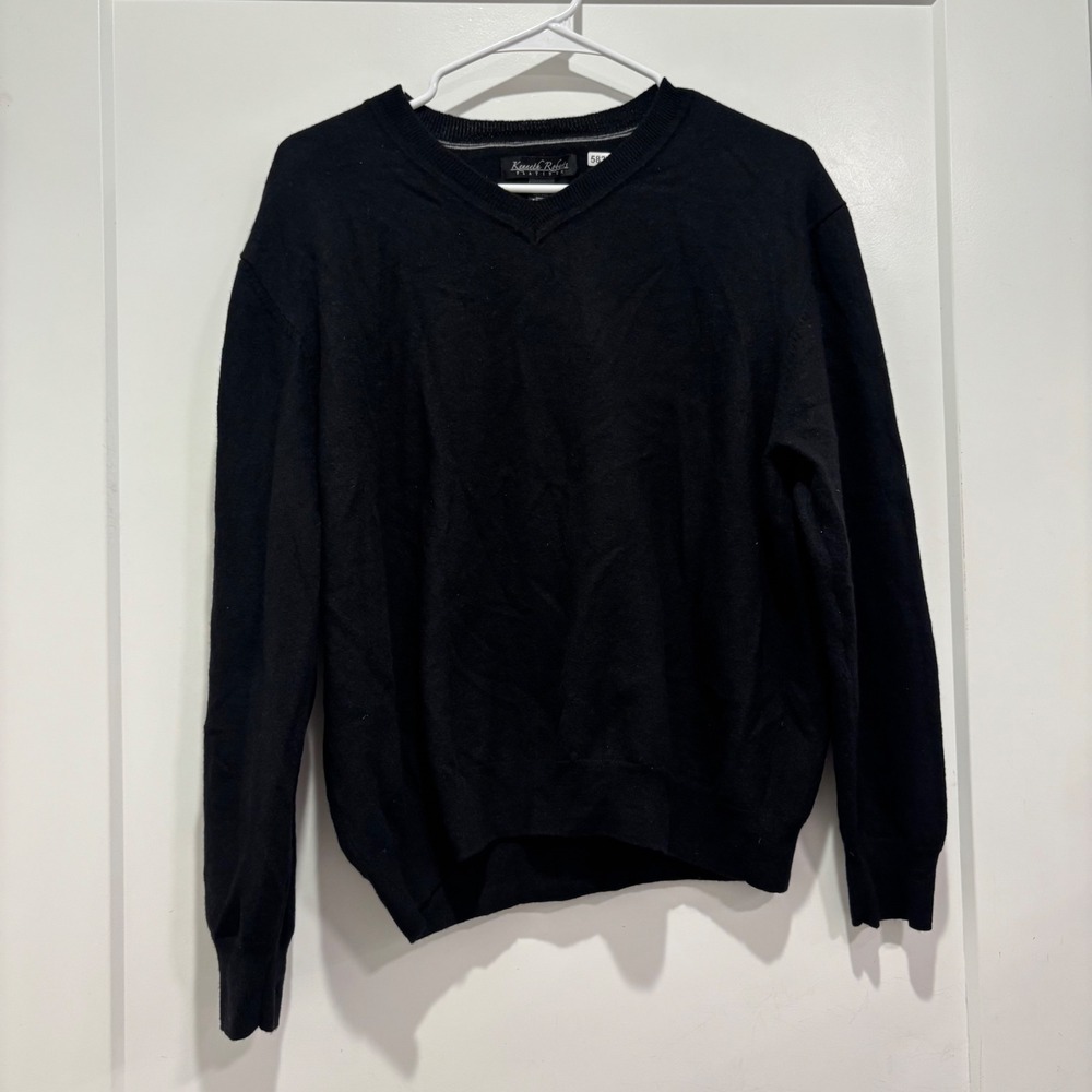 Kenneth Roberts Platinum Black 100% Wool V-Neck Sweater Mens XXL Long Sleeve
